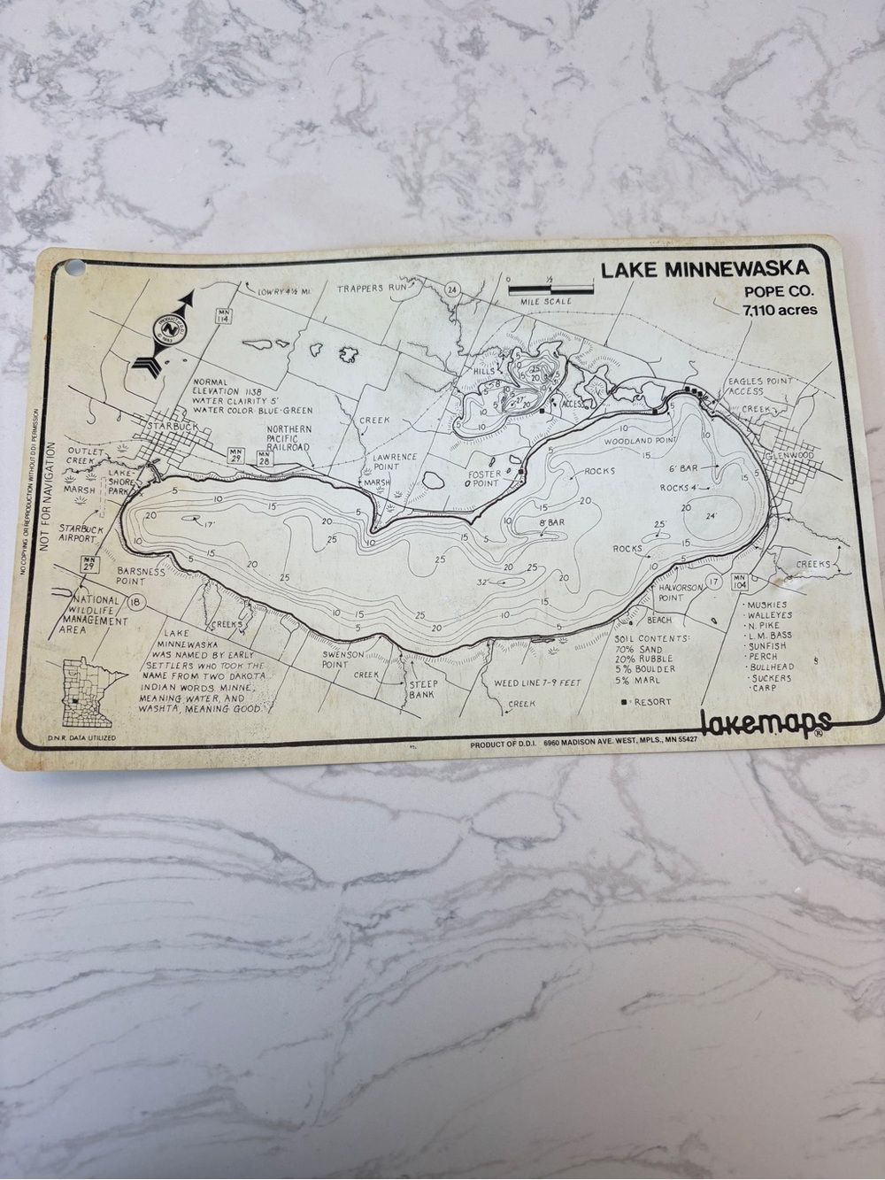 Vintage Lakemaps Waterproof Plastic Map - Lake Minnewaska, Minnesota